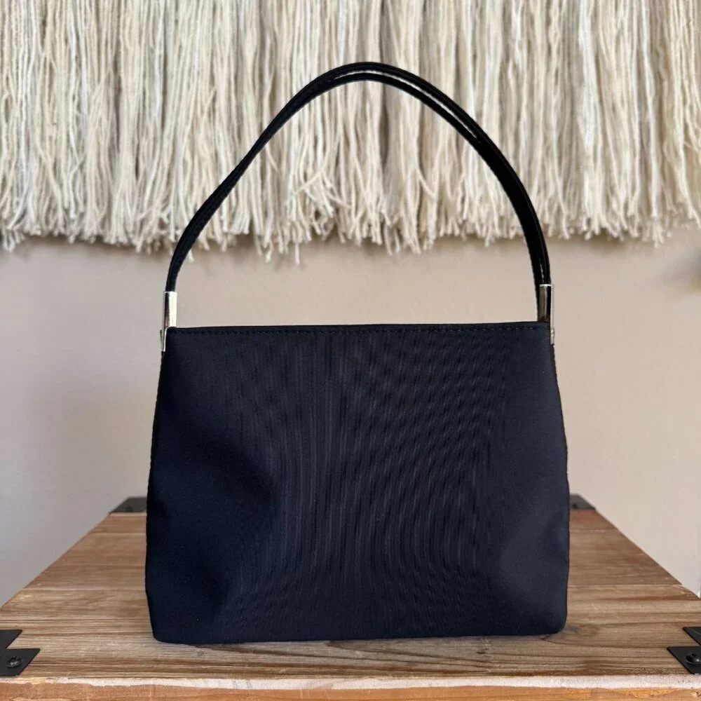Vintage Nine West Black Fabric Double Top Handle Silver Logo Hardware Small Bag - Picture 1 of 17